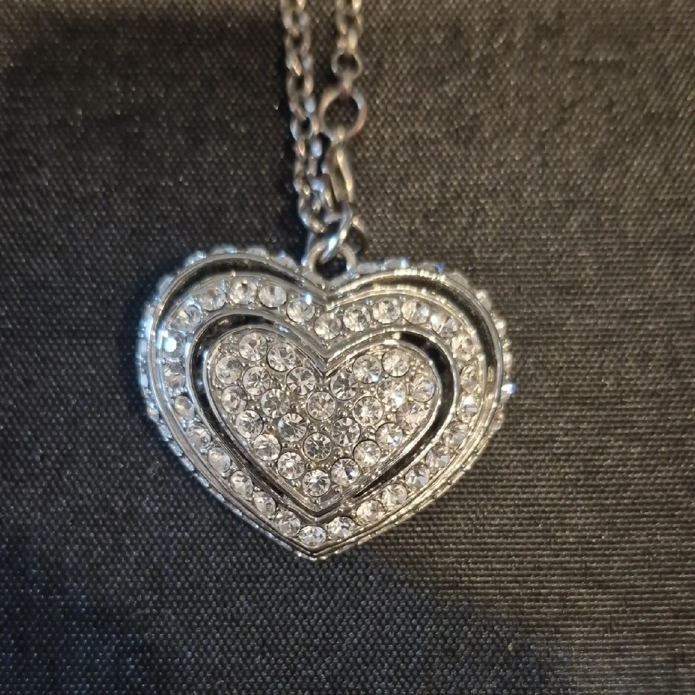 Rhinestone Puffed Heart Pendant Necklace - Silver Tone